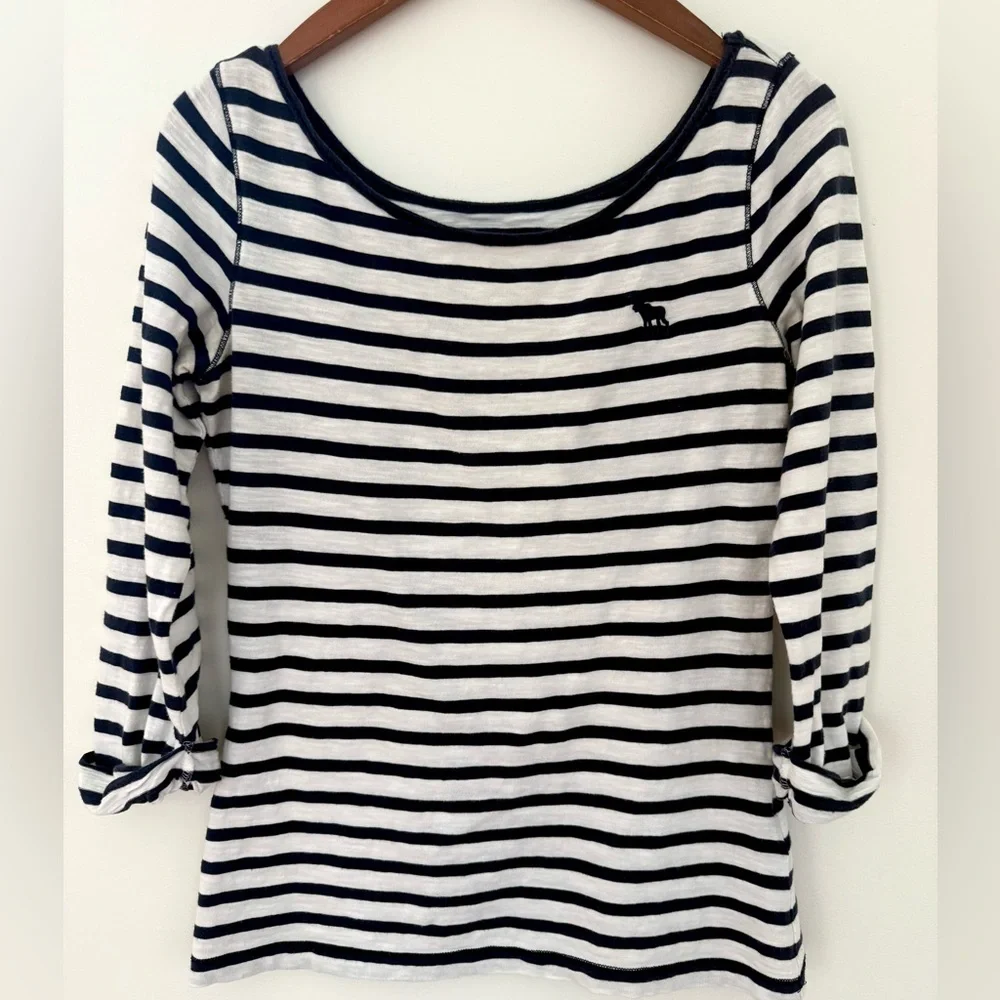 Abercrombie Women Shirt Striped Blouse 3/4 Sleeves Top %100 Cotton Size M
